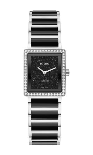 RADO 雷達錶 Integral精密陶瓷系列鑲鑽錶圈黑色砂金石錶盤方形石英腕錶 23mm R20249152 - 新萬國鐘錶