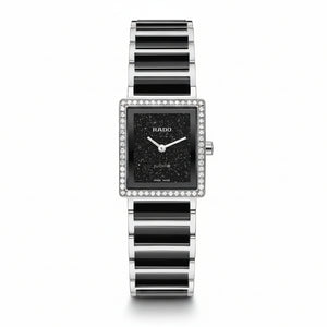RADO 雷達錶 Integral精密陶瓷系列鑲鑽錶圈黑色砂金石錶盤方形石英腕錶 23mm R20249152 - 新萬國鐘錶