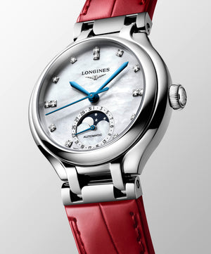 LONGINES 浪琴 PrimaLuna  新月系列珍珠母貝鑽面月相優雅機械女錶 34mm L81264872