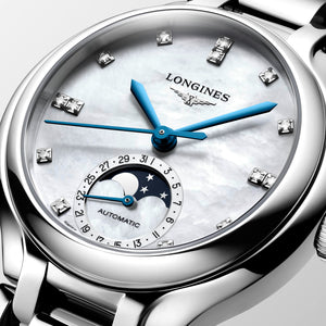 LONGINES 浪琴 PrimaLuna  新月系列珍珠母貝鑽面月相優雅機械女錶 34mm L81264876