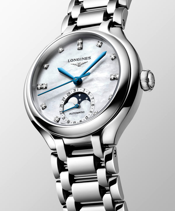 LONGINES 浪琴 PrimaLuna  新月系列珍珠母貝鑽面月相優雅機械女錶 34mm L81264876