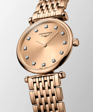 LONGINES 浪琴嘉嵐超薄鑽面PVD玫瑰金石英腕錶 24mm L42091908