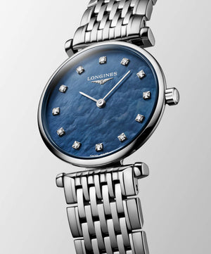 LONGINES 浪琴嘉嵐超薄藍色珍珠鑽母貝石英腕錶 24mm L42094816