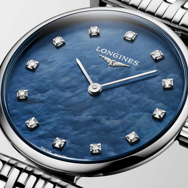 LONGINES 浪琴嘉嵐超薄藍色珍珠鑽母貝石英腕錶 24mm L42094816