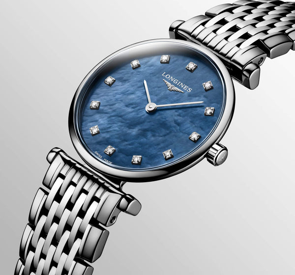 LONGINES 浪琴嘉嵐超薄藍色珍珠鑽母貝石英腕錶 24mm L42094816