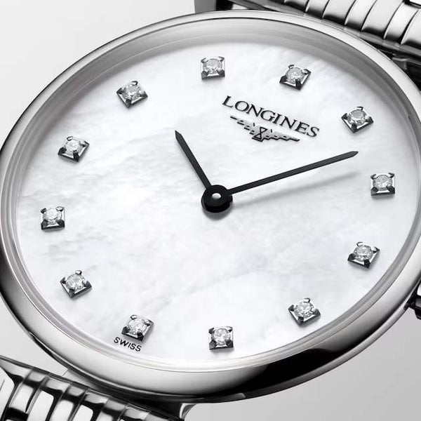 LONGINES 浪琴 嘉嵐系列優雅超薄真鑽珍珠母貝石英女錶 24mm L42094876