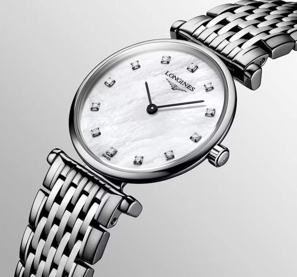LONGINES 浪琴 嘉嵐系列優雅超薄真鑽珍珠母貝石英女錶 24mm L42094876
