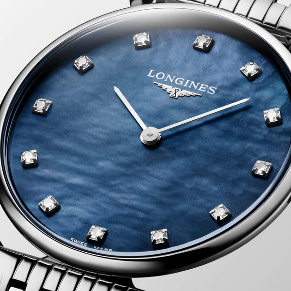 LONGINES 浪琴嘉嵐超薄鑽面藍色珍珠母貝石英腕錶 29mm L45124816