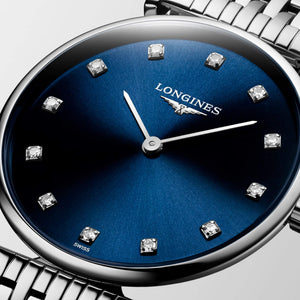 LONGINES 浪琴嘉嵐超薄鑽面藍色珍珠母貝石英腕錶 29mm L45124976