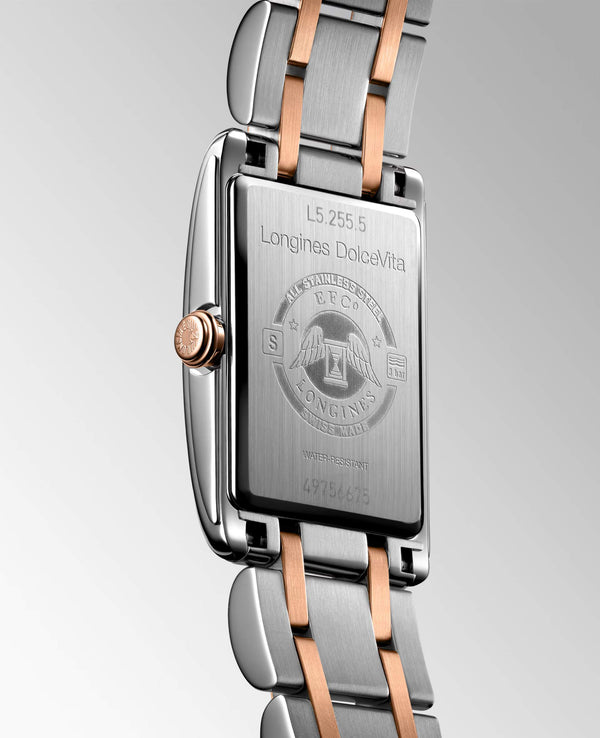LONGINES 浪琴 DolceVita 多情系列18k玫瑰金不銹鋼雙色鑽面珍珠母貝優雅石英腕錶  23.30 X 37.00 mm L55125877 - 新萬國鐘錶