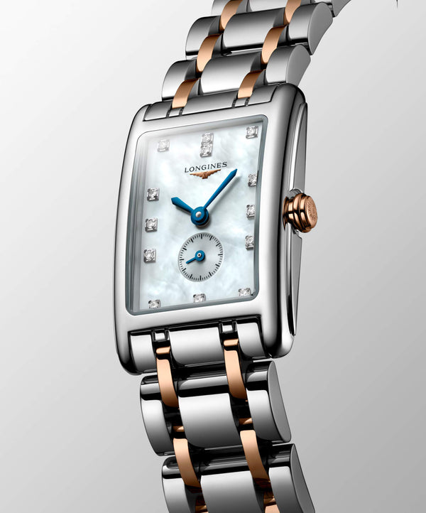 LONGINES 浪琴 DolceVita 多情系列18k玫瑰金不銹鋼雙色鑽面珍珠母貝優雅石英腕錶  23.30 X 37.00 mm L55125877 - 新萬國鐘錶