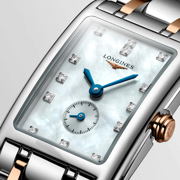 LONGINES 浪琴 DolceVita 多情系列18k玫瑰金不銹鋼雙色鑽面珍珠母貝優雅石英腕錶  23.30 X 37.00 mm L55125877 - 新萬國鐘錶
