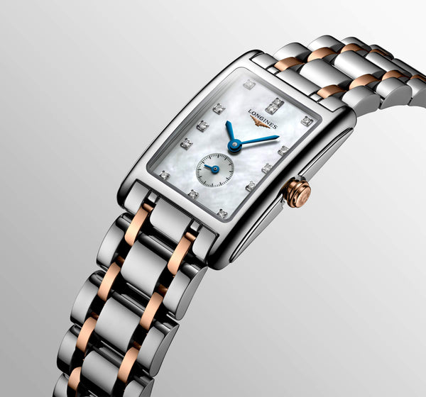 LONGINES 浪琴 DolceVita 多情系列18k玫瑰金不銹鋼雙色鑽面珍珠母貝優雅石英腕錶  23.30 X 37.00 mm L55125877 - 新萬國鐘錶