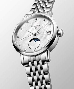 LONGINES 浪琴 Elegant 優雅系列不銹鋼月相珍珠母貝鑽面石英錶 30mm L43304876
