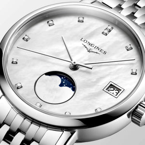 LONGINES 浪琴 Elegant 優雅系列不銹鋼月相珍珠母貝鑽面石英錶 30mm L43304876