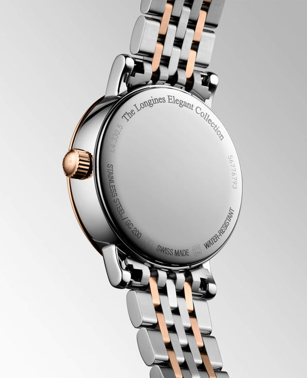 LONGINES 浪琴 Elegant 優雅系列18k玫瑰金不銹鋼月相珍珠母貝鑽面石英錶 30mm L43305877