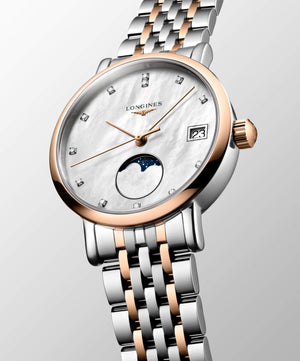 LONGINES 浪琴 Elegant 優雅系列18k玫瑰金不銹鋼月相珍珠母貝鑽面石英錶 30mm L43305877
