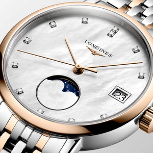 LONGINES 浪琴 Elegant 優雅系列18k玫瑰金不銹鋼月相珍珠母貝鑽面石英錶 30mm L43305877
