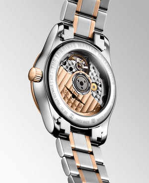 LONGINES 浪琴 MASTER 巨擘系列月相18k玫瑰金鋼鑽母貝面月相機械腕錶 34mm L24095897