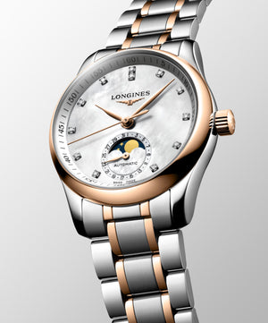 LONGINES 浪琴 MASTER 巨擘系列月相18k玫瑰金鋼鑽母貝面月相機械腕錶 34mm L24095897