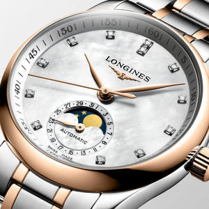 LONGINES 浪琴 MASTER 巨擘系列月相18k玫瑰金鋼鑽母貝面月相機械腕錶 34mm L24095897