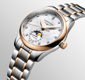 LONGINES 浪琴 MASTER 巨擘系列月相18k玫瑰金鋼鑽母貝面月相機械腕錶 34mm L24095897
