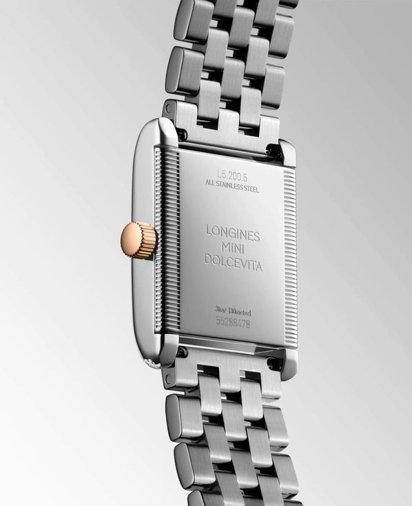 LONGINES 浪琴 Mini DolceVita 迷你多情系列18k玫瑰金不銹鋼鑽圈雙色優雅石英腕錶 21.50x29.00mm L52005797