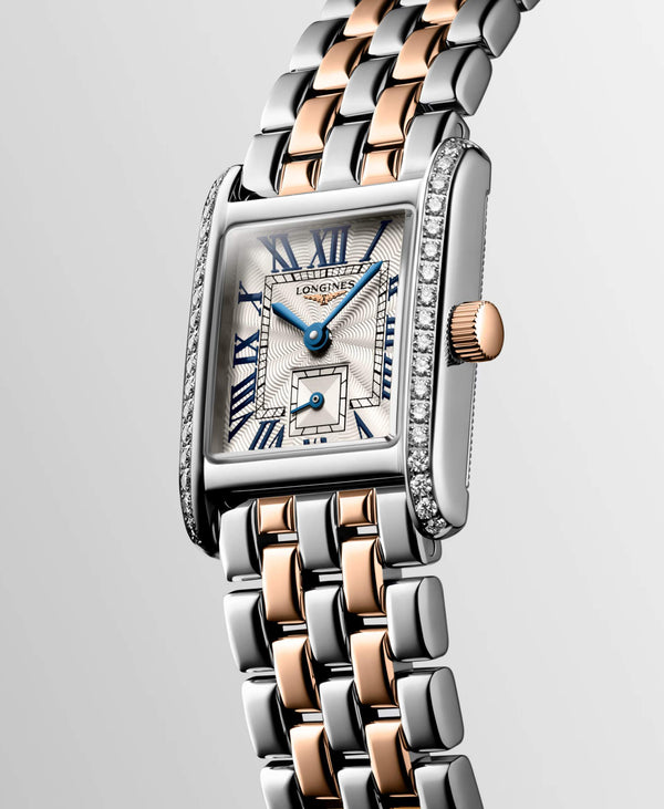 LONGINES 浪琴 Mini DolceVita 迷你多情系列18k玫瑰金不銹鋼鑽圈雙色優雅石英腕錶 21.50x29.00mm L52005797