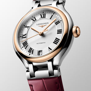 LONGINES 浪琴 PrimaLuna  新月系列不鏽鋼及18k玫瑰金優雅機械女錶 34mm L81245712 - 新萬國鐘錶