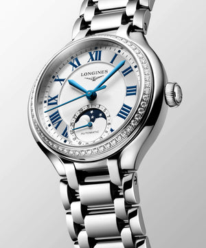 LONGINES 浪琴 PrimaLuna  新月系列真鑽羅馬時標月相優雅機械女錶 34mm L81260716