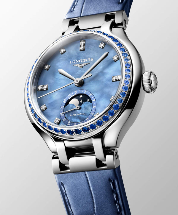 LONGINES 浪琴 PrimaLuna  新月系列藍寶石藍色珍珠母貝真鑽月相優雅機械女錶 34mm L81260972