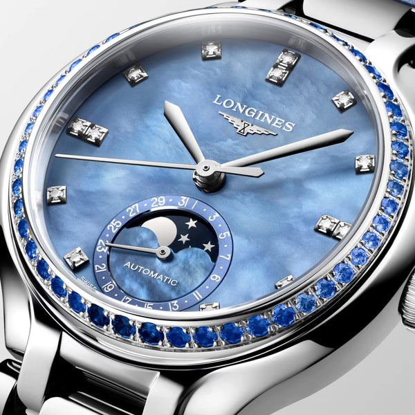LONGINES 浪琴 PrimaLuna  新月系列藍寶石藍色珍珠母貝真鑽月相優雅機械女錶 34mm L81260972