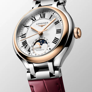 LONGINES 浪琴 PrimaLuna  新月系列羅馬時標月相優雅機械不鏽鋼及18k玫瑰金女錶 34mm L81265712 - 新萬國鐘錶