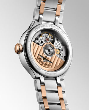 LONGINES 浪琴 PrimaLuna  新月系列羅馬時標月相優雅機械不鏽鋼及18k玫瑰金女錶 34mm L81265717