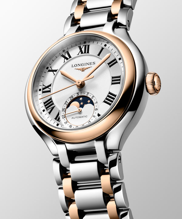 LONGINES 浪琴 PrimaLuna  新月系列羅馬時標月相優雅機械不鏽鋼及18k玫瑰金女錶 34mm L81265717