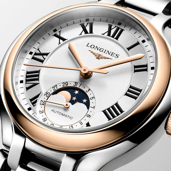 LONGINES 浪琴 PrimaLuna  新月系列羅馬時標月相優雅機械不鏽鋼及18k玫瑰金女錶 34mm L81265717