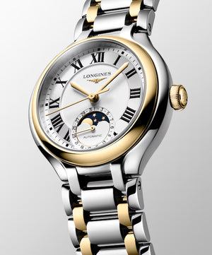 LONGINES 浪琴 PrimaLuna  新月系列羅馬時標月相優雅機械不鏽鋼及18k黃金女錶 34mm L81265797