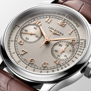 LONGINES 浪琴 MASTER 巨擘系列象牙色麥粒紋單按把計時手上鍊機械腕錶 41mm L2.960.4.78.2 L29604782