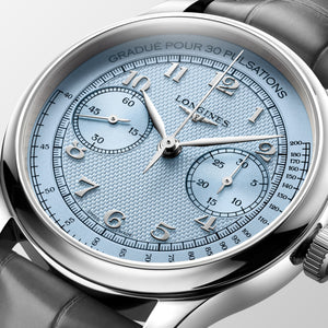 LONGINES 浪琴 MASTER 巨擘系列霜藍色單按把計時手上鍊機械腕錶 41mm L2.960.4.93.2 L29604932