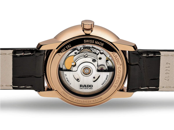 RADO 雷達錶 COUPOLE 晶燦系列PVD玫瑰金點鑽機械腕錶 37mm R22861765