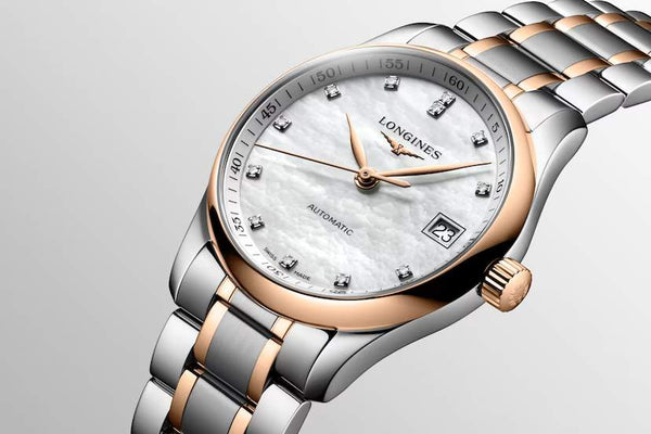 LONGINES 浪琴 MASTER 巨擘系列月相18k玫瑰金鋼鑽母貝面機械腕錶 34mm L23575897