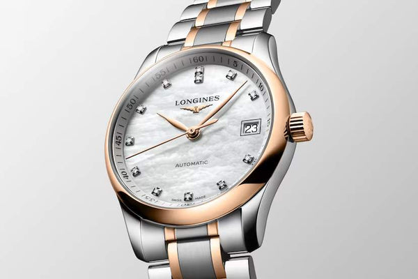 LONGINES 浪琴 MASTER 巨擘系列月相18k玫瑰金鋼鑽母貝面機械腕錶 34mm L23575897