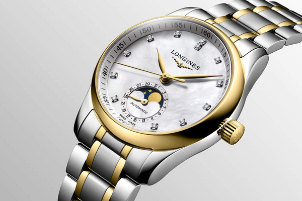 LONGINES 浪琴 MASTER 巨擘系列月相18k黃金鋼鑽母貝面月相機械腕錶 34mm L24095877