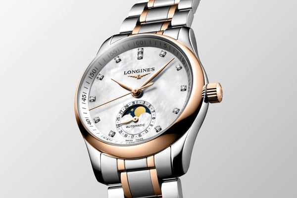 LONGINES 浪琴 MASTER 巨擘系列月相18k玫瑰金鋼鑽母貝面月相機械腕錶 34mm L24095897
