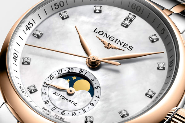 LONGINES 浪琴 MASTER 巨擘系列月相18k玫瑰金鋼鑽母貝面月相機械腕錶 34mm L24095897