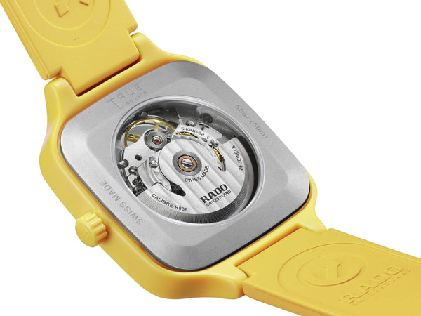 RADO 雷達錶 TRUE SQUARE 真我系列方形黃色高科技陶瓷鏤空腕錶 R27177255