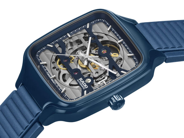 RADO 雷達錶 TRUE SQUARE 真我系列方形開芯海軍藍陶瓷鏤空機械腕錶 R27178205