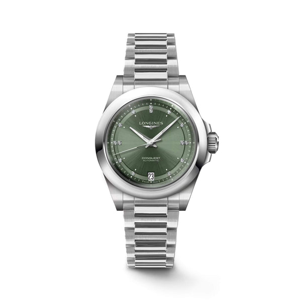 LONGINES 浪琴 Conquest 征服者系列綠色鑽面優雅時尚運動腕錶 34mm L34304076