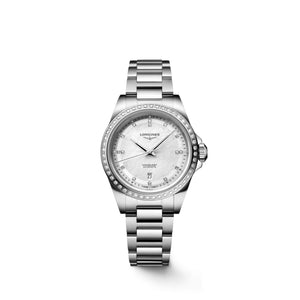 LONGINES 浪琴 Conquest 征服者系列鑽圈珍珠母貝鑽面優雅時尚運動腕錶 30mm L33200876