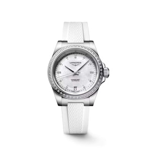 LONGINES 浪琴 Conquest 征服者系列珍珠母貝鑲鑽優雅時尚運動腕錶 34mm L34300879